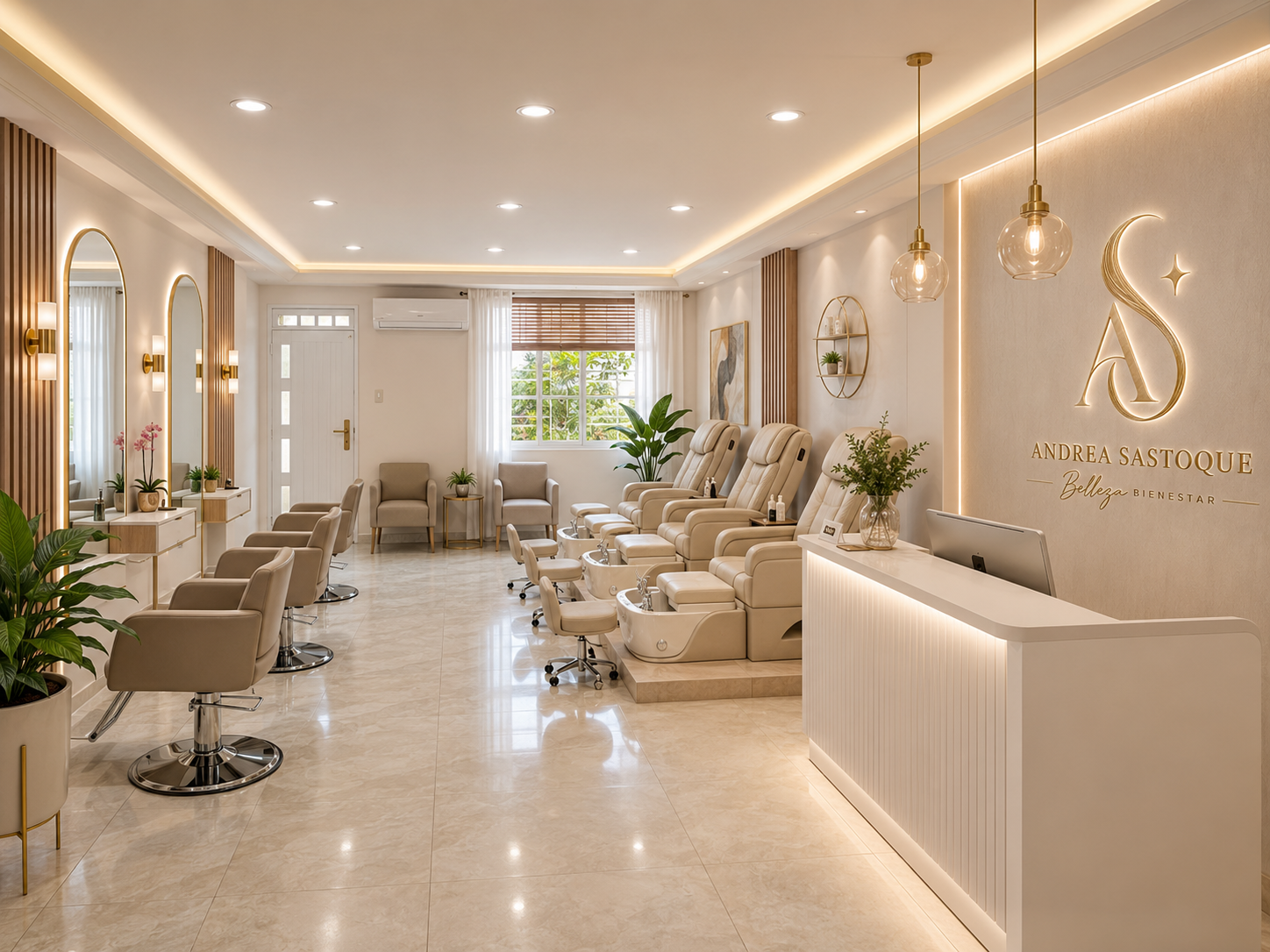 Interior del salón Andrea Sastoque con estaciones de peinado, sillas de pedicure y recepción